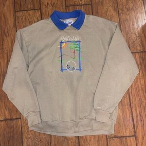 Beige Golf-Themed Crewneck Sweatshirt with blue collar embroidered GOLF LIFE L